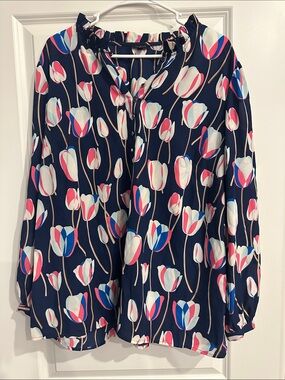 Talbots Navy Floral Tulip Peasant Blouse